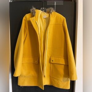 J. Crew yellow stadium coat with faux fur hood size 12.
